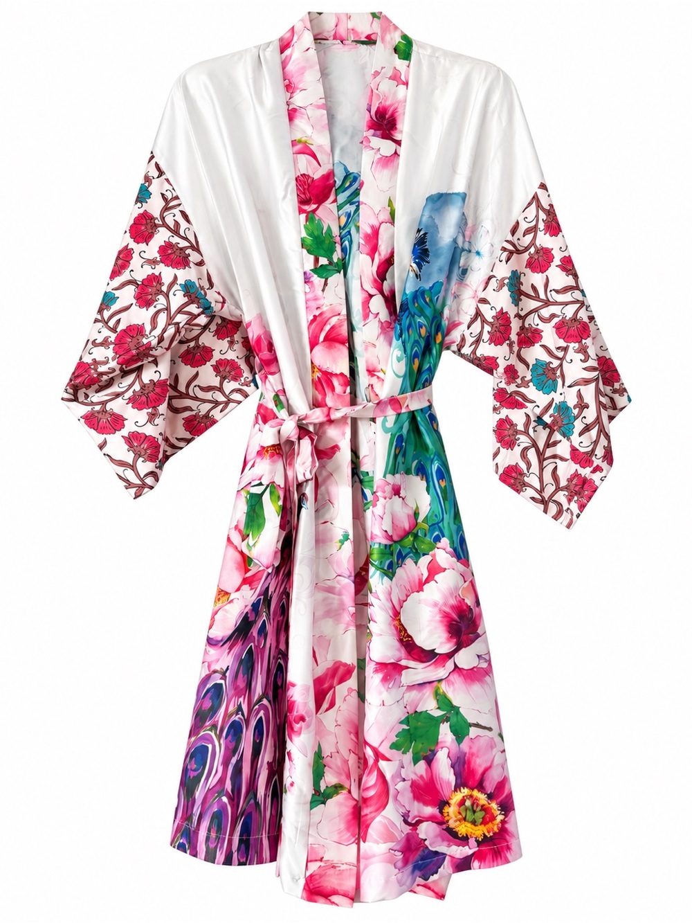 Floral Satin Kimono Robe with Peacock Accents - Pink & Multicolor